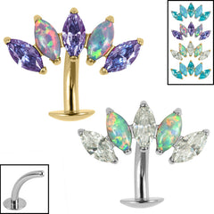 Titanium Threadless Floating Navel Bar - Titanium Claw Set 5 Opal and Jewel Marquise Fan 1.6mm