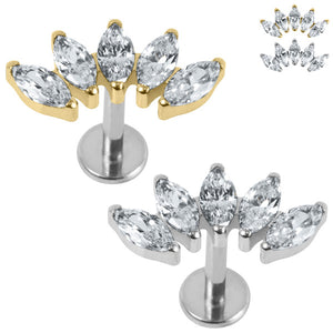 Titanium Threadless Labrets - Titanium Claw Set 5 Jewelled Marquise Fan