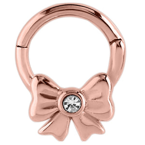 Rose Gold Steel Hinged Segment Ring with Jewelled Bow (Clicker)