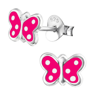 Sterling Silver Pink Butterfly with White Spots Ear Stud Earrings