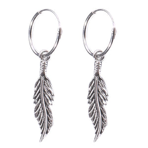 Sterling Silver Hoops - Earrings with Drop Feather H142