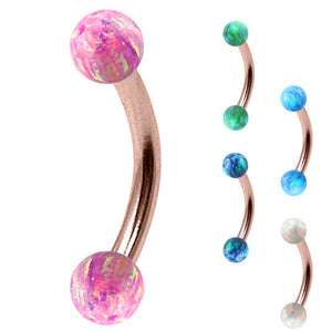 Rose Gold Steel Micro Curved Bar with Synthetic Opal Balls 1.2mm