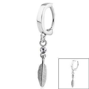 Steel Huggie Belly Clicker Ring - Jewelled Feather Dangle Charm