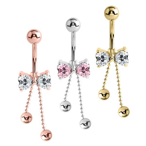 Belly Bar - Cute Jewelled Bow with Dangly Chains