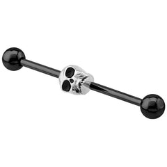 view all Black Steel Industrial Scaffold Barbell with Black Eyed Skull body jewellery