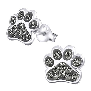 Sterling Silver Cute Jewelled Paw Print Ear Stud Earrings