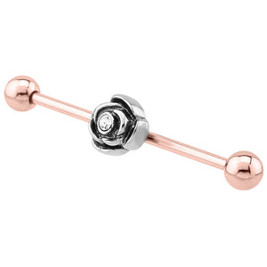 Rose Gold Steel Industrial Scaffold Barbell with Jewelled Rose