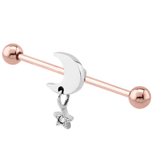 Rose Gold Steel Industrial Scaffold Barbell with Moon and Star