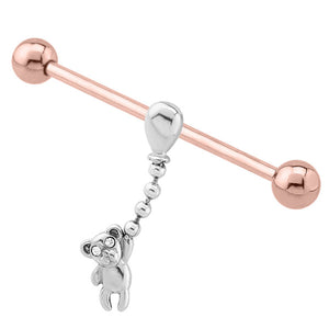 Rose Gold Steel Industrial Scaffold Barbell with Hanging-on Teddy Bear