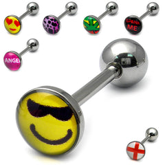 view all Steel Logo Tongue Bars (8mm Disk) body jewellery