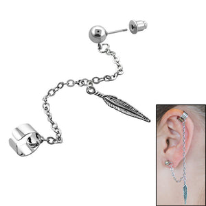Surgical Steel Single Chain Drop Ear Cuff - Feather