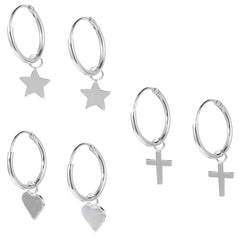 Sterling Silver Hoops - Drop Earrings - Cross, Heart, Star