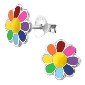 Sterling Silver Rainbow Flower Ear Stud Earrings
