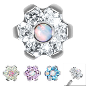 Titanium Claw Set Synth Opal and 6 Point CZ Jewelled Flower for Internal Thread shafts in 1.2mm