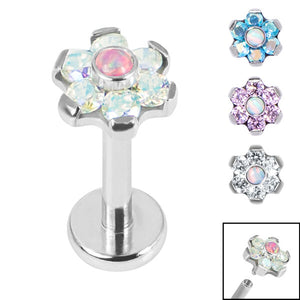 Titanium Internally Threaded Labrets 1.2mm - Titanium Claw Set Synth Opal and 6 Point CZ Jewelled Flower