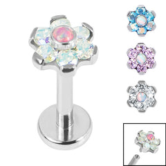 view all Titanium Internally Threaded Labrets 1.2mm - Titanium Claw Set Synth Opal and 6 Point CZ Jewelled Flower body jewellery