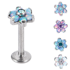 view all Titanium Internally Threaded Labrets 1.2mm - Titanium Claw Set CZ Jewelled and 6 Point Synth Opal Flower body jewellery