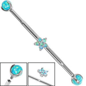 Titanium Internally Threaded Industrial Scaffold Barbells 1.6mm with Titanium Set Opal balls - midway Steel 5 Point Claw Set Opal Flower