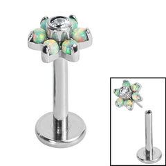 Titanium Threadless Labrets - Titanium (Bend-fit) Claw Set Synth Opal and CZ Jewelled Flower