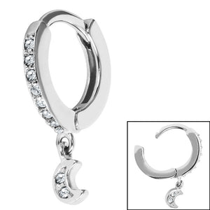 Surgical Steel Jewelled Huggie Clicker Ring with Jewelled Moon Dangle