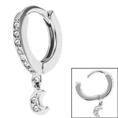 Surgical Steel Huggie Clicker Ear Ring - Jewelled Crescent Moon Dangle