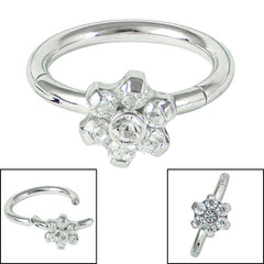 Steel Claw Set Jewelled Flower Edge Hinged Clicker Ring