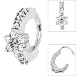 Steel Claw Set Jewelled Flower Hinge Nose Clicker Ring