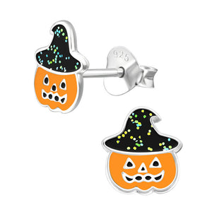 Sterling Silver Pumpkin Witch Ear Stud Earrings