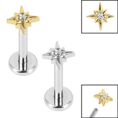 Titanium Internally Threaded Labrets 1.2mm - Steel Jewelled 8 Point Star