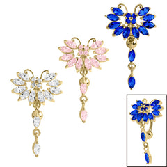 Belly Bar - Gold Plated Steel (PVD) Claw Set Marquise Jewelled Butterfly