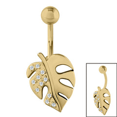 Belly Bar - Gold Plated Steel (PVD) Claw Set Jewelled Monstera Palm Leaf