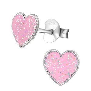 Sterling Silver Glitter Heart Ear Stud Earrings