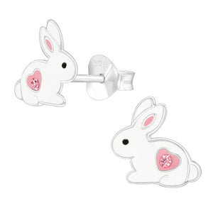 Sterling Silver Rabbit with Crystal Heart Ear Stud Earrings
