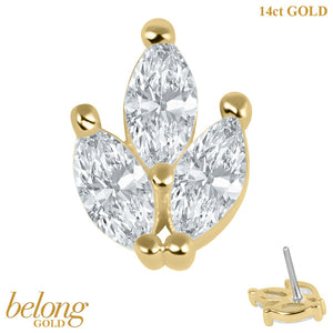 belong Solid Gold Threadless (Bend fit) Claw Set 3 Jewel Marquise Ivy Leaf