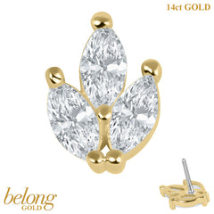 belong 14ct Solid Gold Threadless (Bend fit) Claw Set 3 Jewel Marquise Ivy Leaf