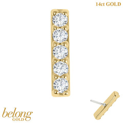 belong 14ct Solid Gold Threadless (Bend fit) Claw Set 5 CZ Jewelled Bar