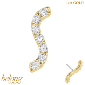 belong Solid Gold Threadless (Bend fit) Claw Set CZ Jewelled Wave Bar