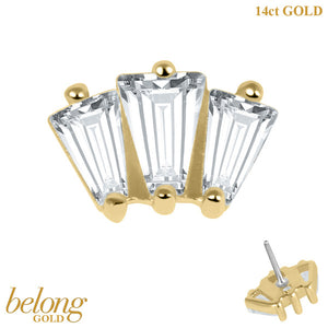 belong Solid Gold Threadless (Bend fit) Claw Set 3 CZ Jewelled Art Deco Baguette Fan