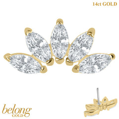 belong 14ct Solid Gold Threadless (Bend fit) Claw Set 5 CZ Jewelled Marquise Fan