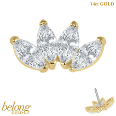 belong 14ct Solid Gold Threadless (Bend fit) Claw Set 4 CZ Jewelled Marquise Fan