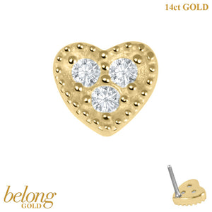 belong Solid Gold Threadless (Bend fit) Claw Set CZ Jewelled Heart