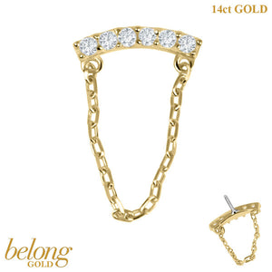 belong Solid Gold Threadless (Bend fit) Claw Set CZ Jewelled Bar with Loop Chain