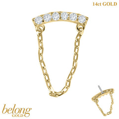 belong 14ct Solid Gold Threadless (Bend fit) Claw Set CZ Jewelled Bar with Loop Chain