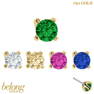belong Solid Gold Threadless (Bend fit) Claw Set Round CZ Jewel 3mm