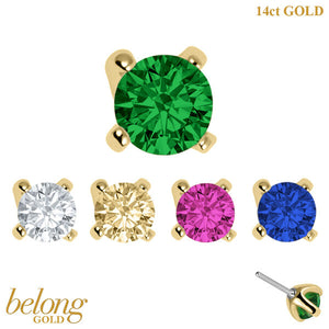 belong Solid Gold Threadless (Bend fit) Claw Set Round CZ Jewel 4mm