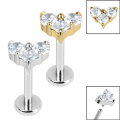 Titanium Internally Threaded Labrets 1.2mm - Titanium Claw Set CZ Trio Jewelled Heart