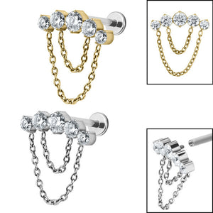 Titanium Internally Threaded Labrets 1.2mm - Titanium Double Chain Floating 5 Jewelled Curve